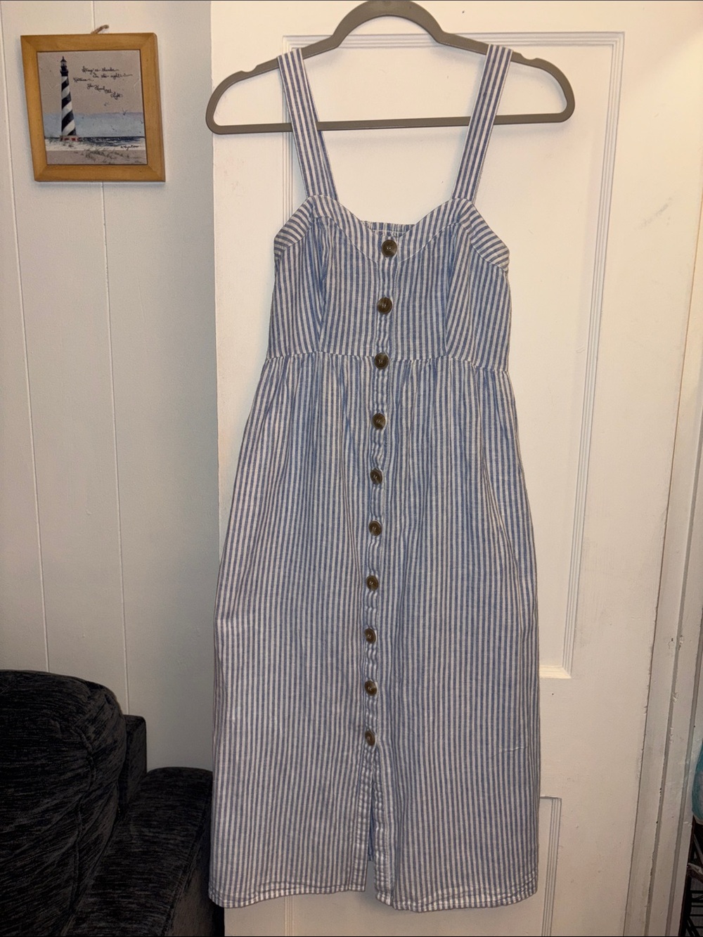 Seraphine Blue & White Vertical Stripe Button Dress